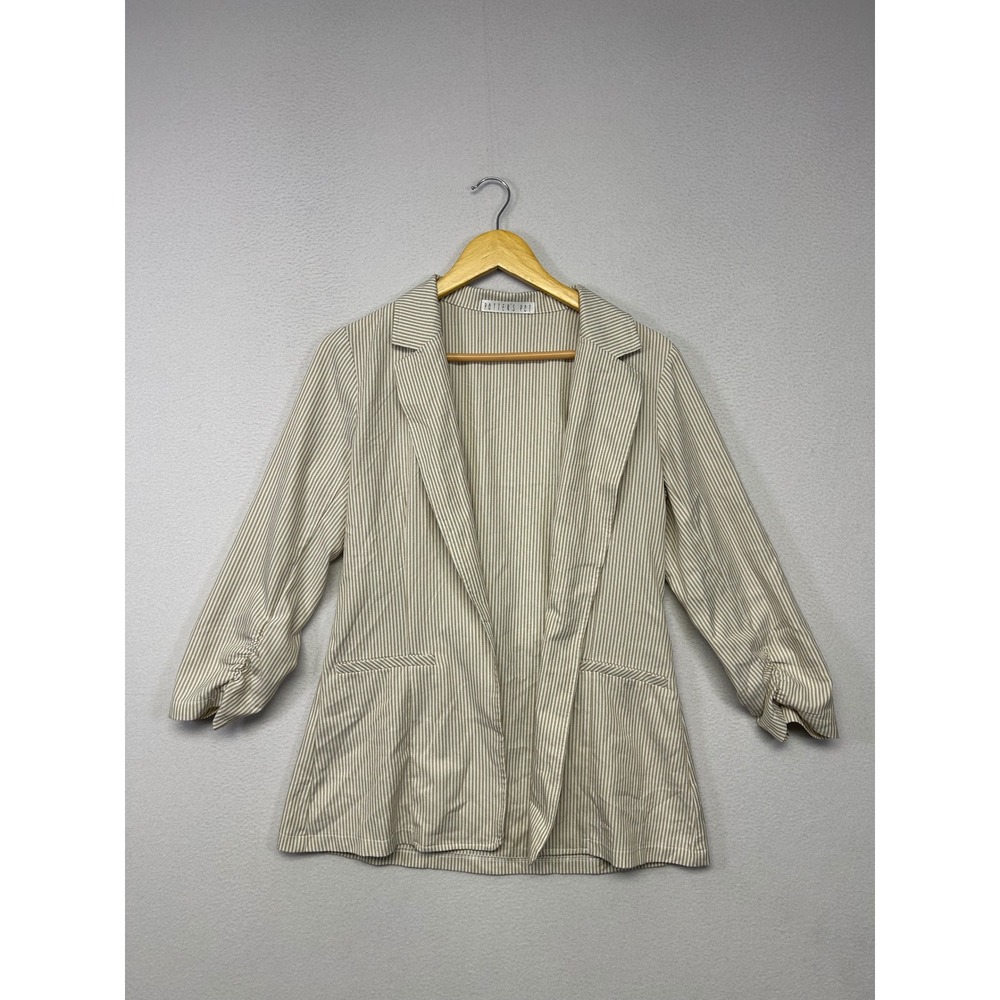 Dark Academia Potter's Pot Womens M Tan Striped Ruched Sleeve Open Front Blazer